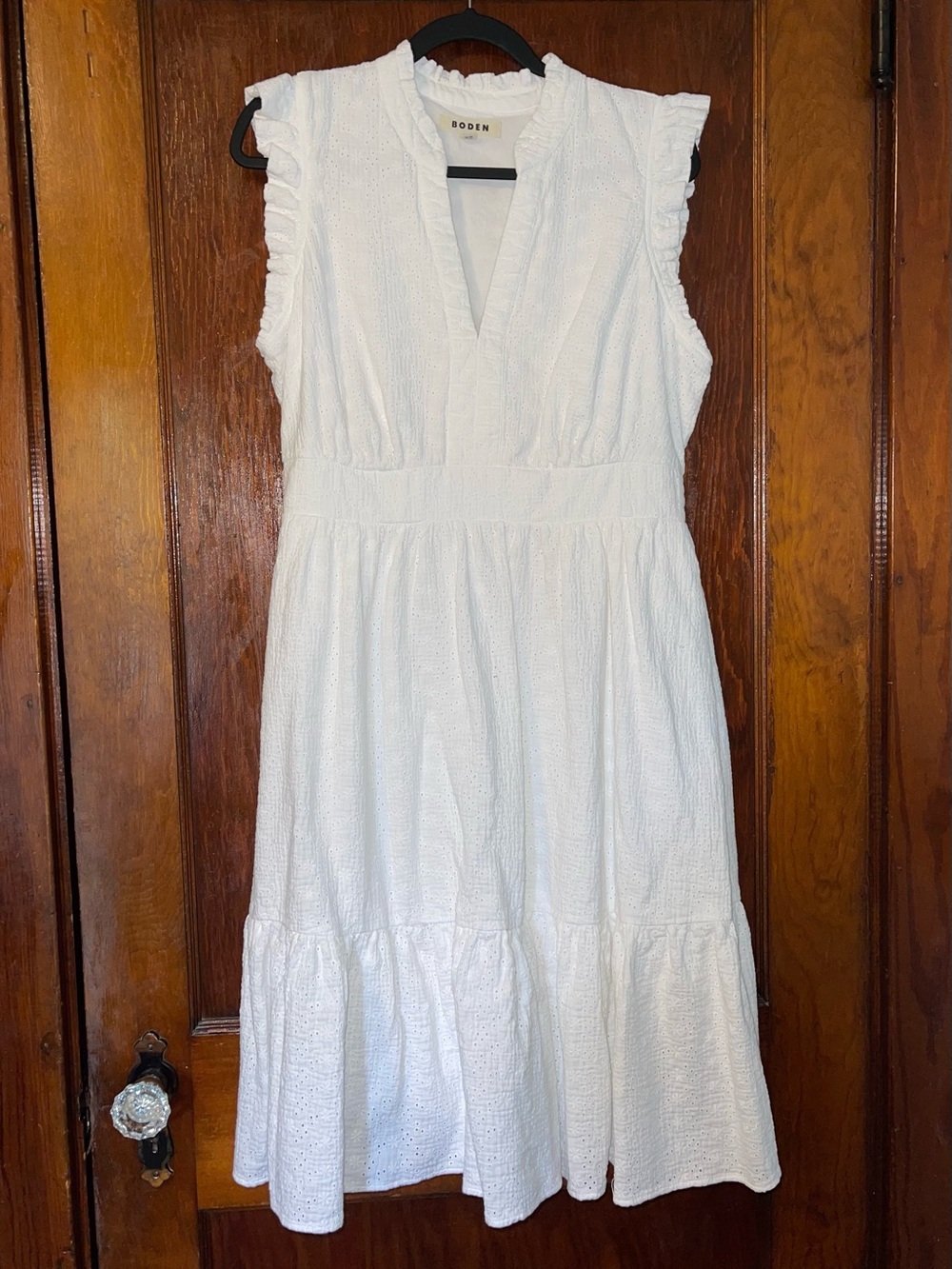 Boden White Eyelet V-Neck Tiered Midi Dress